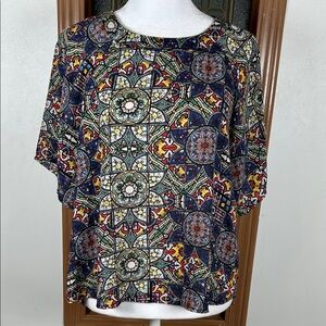 Forever 21 Stained Glass Print Round Neck Blouse Small Mosaic Blue Green